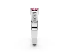 Fancy Pink Cushion Cut Diamond Solitaire Ring Set in Platinum with Channel-Set Accent Stones and Prong Setting