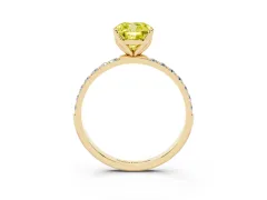 Fancy Yellow Cushion Cut Diamond Solitaire Engagement Ring Set in Yellow gold with Round Pavé Band and Prong Setting