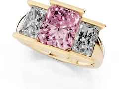 Fancy Pink Radiant Cut Diamond Three-Stone Channel Set Ring Set in Yellow gold with Smooth Polished Band