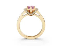 Fancy Pink Radiant Cut Diamond Pavé Band Solitaire Ring Set in Yellow gold with Prong Setting