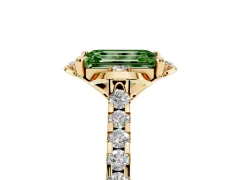 Fancy Green Emerald Cut Diamond Solitaire Ring Set in Yellow gold with Pavé Band and Floral Prong Setting