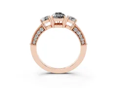 Fancy Black Pear Cut Diamond Three-Stone Ring Set in Rose gold with Round Side Stones and Pavé Band