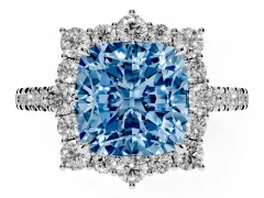 Fancy Blue Cushion Cut Diamond Halo Ring Set in White gold with Pavé Band and Prong Setting