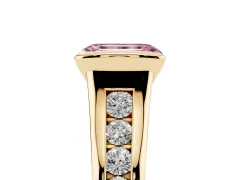 Fancy Pink Emerald Cut Diamond Bezel-Set Solitaire Ring Set in Yellow gold with Channel-Set Band