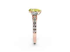 Fancy Yellow Pear Cut Diamond Three-Stone Ring Set in Rose gold with Round Side Stones and Delicate Pavé Band