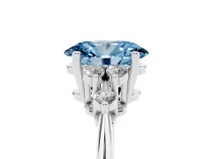 Fancy Blue Oval Cut Diamond Cluster Ring Set in Silver with Plain Band and Prong Setting