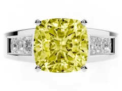 Fancy Yellow Cushion Cut Diamond Solitaire Ring Set in White gold with Channel-Set Accent Stones and Prong Setting