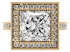 Princess Cut Diamond Halo Milgrain Pavé Band Ring Set in Yellow gold with Prong Setting