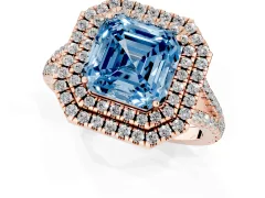 Fancy Blue Asscher Cut Diamond Double Halo Ring Set in Rose gold with Pavé Band