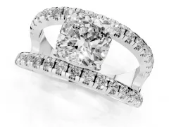 Cushion Cut Diamond Split Shank Pavé Solitaire Ring Set in Silver with Open Shank Design
