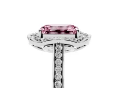 Fancy Pink Emerald Cut Diamond Halo Ring Set in Silver with Pavé-Lined Shoulders and Prong Setting