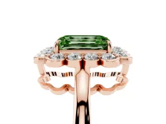 Fancy Green Emerald Cut Diamond Halo Cluster Engagement Ring Set in Rose gold with Solitaire Band and Prong Setting