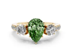 Fancy Green Pear Cut Diamond Three-Stone Ring Set in Yellow gold with Round Side Stones and Delicate Pavé Band