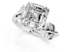 Asscher Cut Diamond Solitaire Twist Engagement Ring Set in White gold with Pavé Leaf Accents