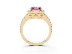 Fancy Pink Asscher Cut Diamond Halo Ring Set in Yellow gold with Pavé Shoulders and Halo-Framed Center