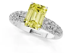 Fancy Yellow Emerald Cut Diamond Pavé Band Solitaire Ring Set in Platinum with Close-Set Accent Stones and Prong Setting