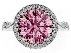 Fancy Pink Round Cut Diamond Halo Twist Band Solitaire Ring Set in White gold with Prong Setting