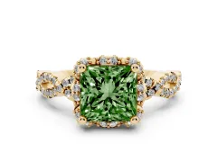 Fancy Green Princess Cut Diamond Halo Twist Band Solitaire Ring Set in Yellow gold with Prong-Set Center Stone