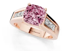 Fancy Pink Cushion Cut Diamond Solitaire Ring Set in Rose gold with Channel-Set Accent Stones and Prong Setting