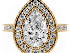 Pear Cut Diamond Halo Milgrain Pavé Band Ring Set in Yellow gold with Prong Setting