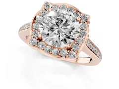Round Cut Diamond Halo Ring Set in Rose gold with Pavé-Lined Shoulders and Prong Setting