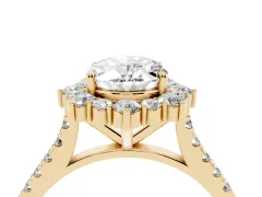 Oval Cut Diamond Halo Ring Set in Yellow gold with Pavé Band and Prong Setting