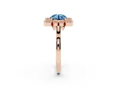 Fancy Blue Round Cut Diamond Cluster Halo Ring Set in Rose gold with Milgrain Bezel Accents and Plain Band