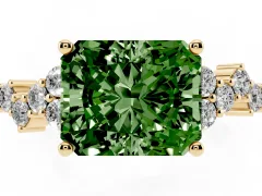 Fancy Green Radiant Cut Diamond Ring Set in Yellow gold with Scattered Round Accents
