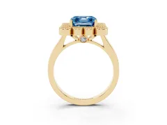 Fancy Blue Asscher Cut Diamond Cluster Halo Ring Set in Yellow gold with Milgrain Bezel Accents and Plain Band