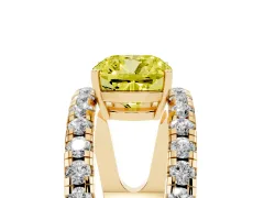 Fancy Yellow Cushion Cut Diamond Split Shank Pavé Solitaire Ring Set in Yellow gold with Open Shank Design
