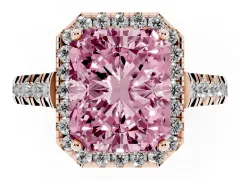 Fancy Pink Radiant Cut Diamond Halo Engagement Ring Set in Rose gold with Pavé Band and Prong-Set Center