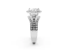 Oval Cut Diamond Halo Split Shank Ring Set in Platinum with Round Accent Stones and Prong Setting