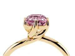 Fancy Pink Emerald Cut Diamond Solitaire Engagement Ring Set in Yellow gold with Classic Plain Band