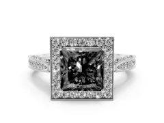 Fancy Black Princess Cut Diamond Halo Engagement Ring Set in White gold with Accent Split Shank Band