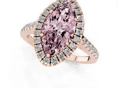 Fancy Pink Marquise Cut Diamond Pavé Halo Engagement Ring Set in Rose gold with Pavé Band and Prong Setting