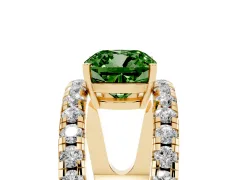 Fancy Green Cushion Cut Diamond Split Shank Pavé Solitaire Ring Set in Yellow gold with Open Shank Design