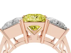 Fancy Yellow Princess Cut Diamond Three-Stone Ring Set in Rose gold with Textured Band