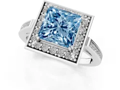 Fancy Blue Princess Cut Diamond Halo Ring Set in White gold with Accent-Lined Split Shank and Prong Setting