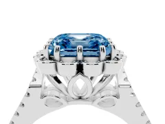 Fancy Blue Asscher Cut Diamond Floral Halo Split Shank Engagement Ring Set in Platinum with Pavé Shank