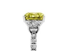 Fancy Yellow Asscher Cut Diamond Three-Stone Ring Set in White gold with Pavé Band and Graduated Sides
