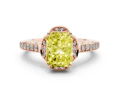 Fancy Yellow Radiant Cut Diamond Halo Ring Set in Rose gold with Channel Set Band and Prong Setting