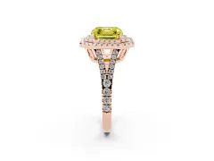 Fancy Yellow Asscher Cut Diamond Double Halo Ring Set in Rose gold with Pavé Band
