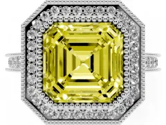 Fancy Yellow Asscher Cut Diamond Halo Milgrain Pavé Band Ring Set in Silver with Prong Setting