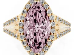 Fancy Pink Marquise Cut Diamond Halo Split Shank Pavé Ring Set in Yellow gold with Prong Setting