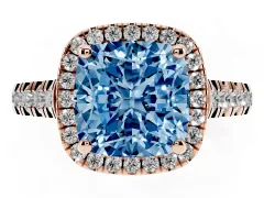 Fancy Blue Cushion Cut Diamond Halo Engagement Ring Set in Rose gold with Pavé Band and Prong-Set Center