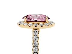 Fancy Pink Oval Cut Diamond Halo Pavé Engagement Ring Set in Yellow gold with Prong Setting