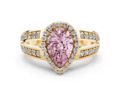 Fancy Pink Pear Cut Diamond Halo Ring Set in Yellow gold with Double Pavé Split Shank