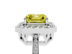 Fancy Yellow Asscher Cut Diamond Halo Ring Set in White gold with Accent-Lined Split Shank and Prong Setting