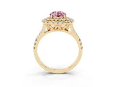 Fancy Pink Round Cut Diamond Double Halo Ring Set in Yellow gold with Pavé Split Shank and Prong Setting