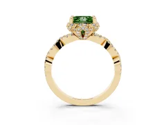 Fancy Green Princess Cut Diamond Halo Twist Band Solitaire Ring Set in Yellow gold with Prong-Set Center Stone